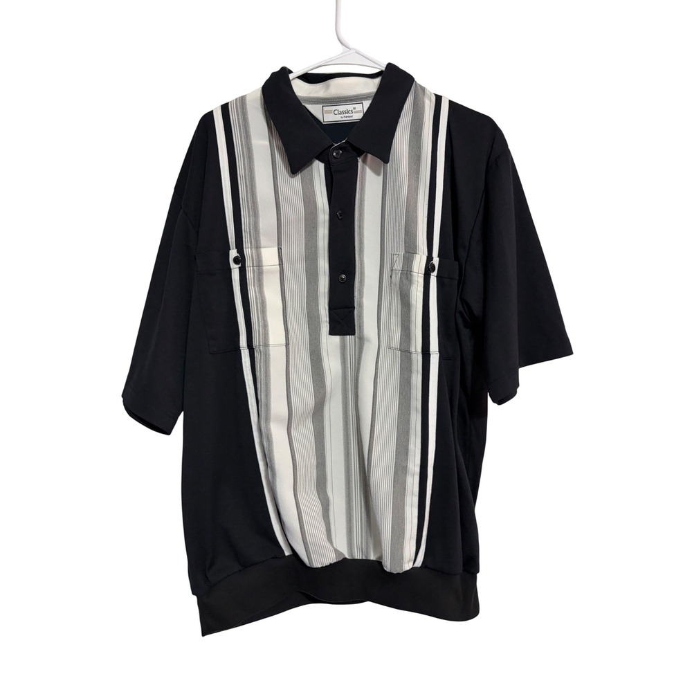 Classics by Palmland Polo Shirt Vintage Retro Black White Stripe Large 90s Style
